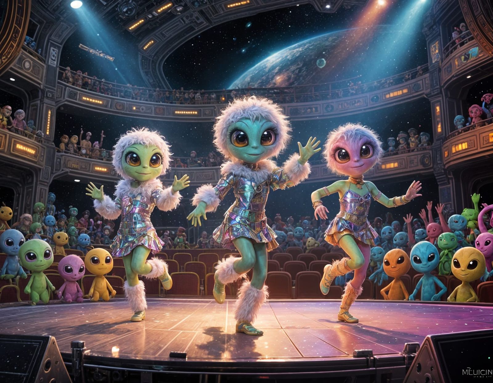 Fluffy Alien Showgirls Perform in Space, Oil Painting