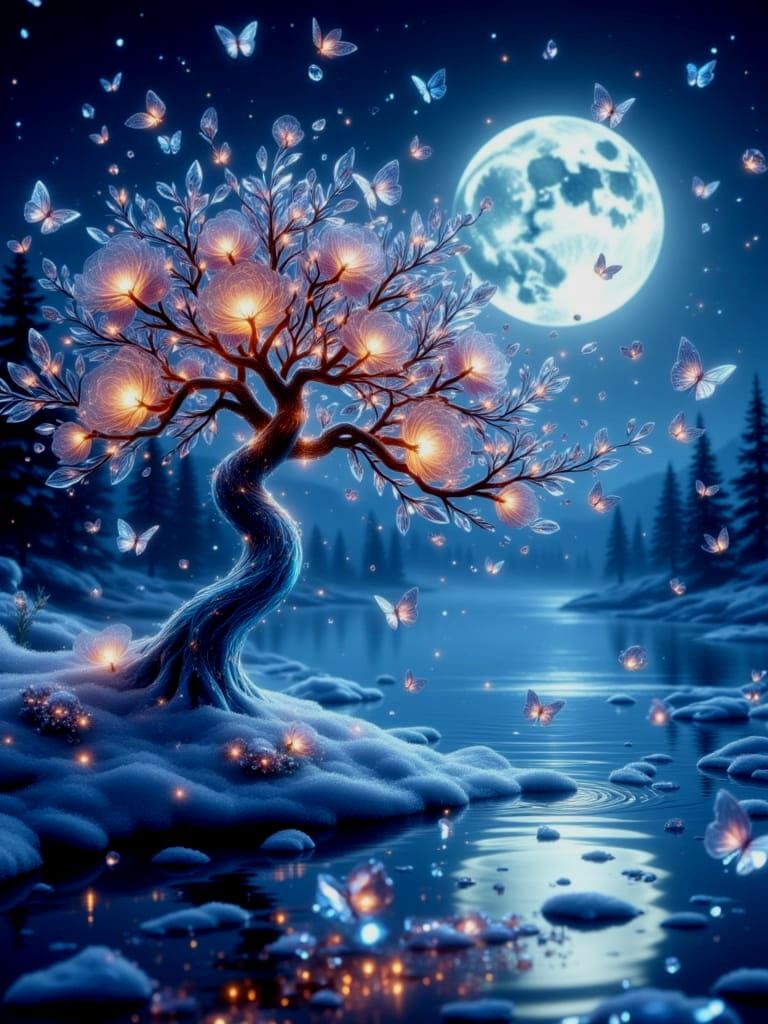 Crystal Rose Tree Blooms by Frozen Lake Under Full Moon