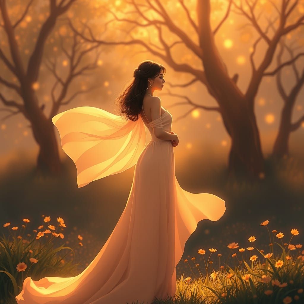 Elegant Woman in Dress, Art Nouveau Style