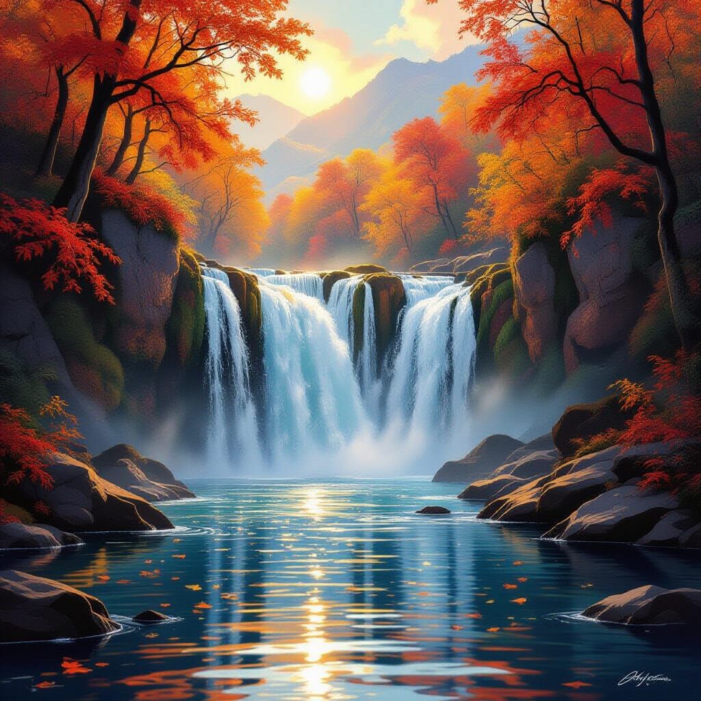 Majestic Autumn Waterfall in Ethereal Sunlight