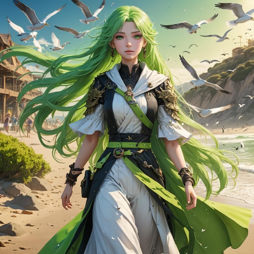 Anime Girl on Beach: Detailed Matte Painting