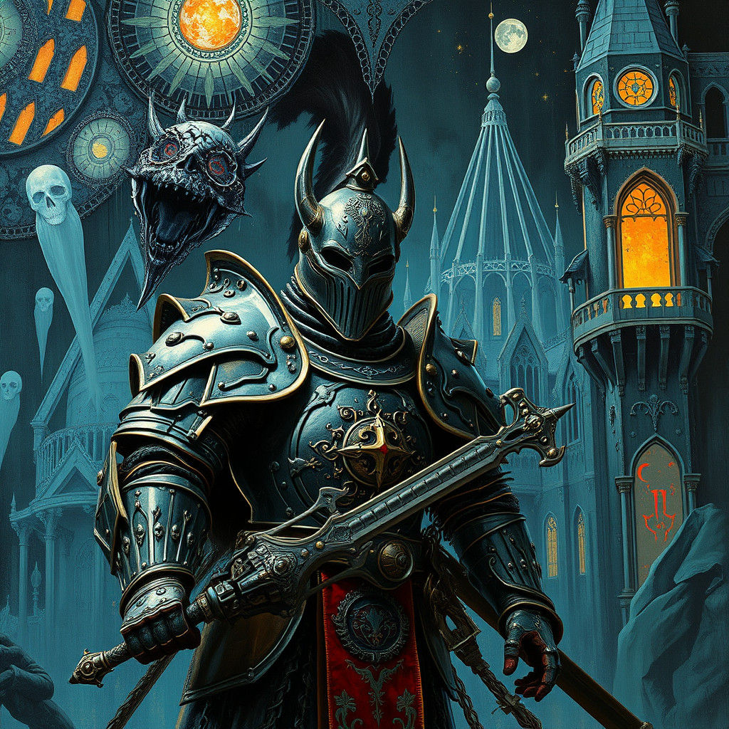 Armored Warrior in Surreal Sci-Fi Castle Setting