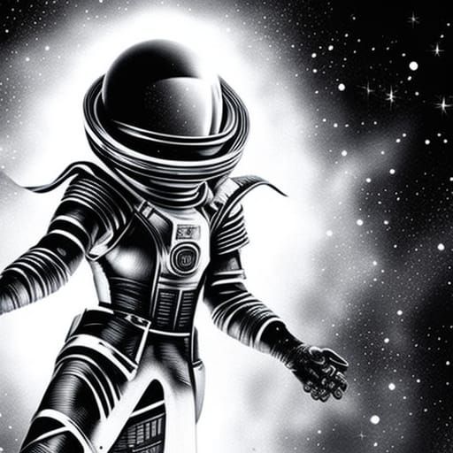 a black and white drawing of a woman in space