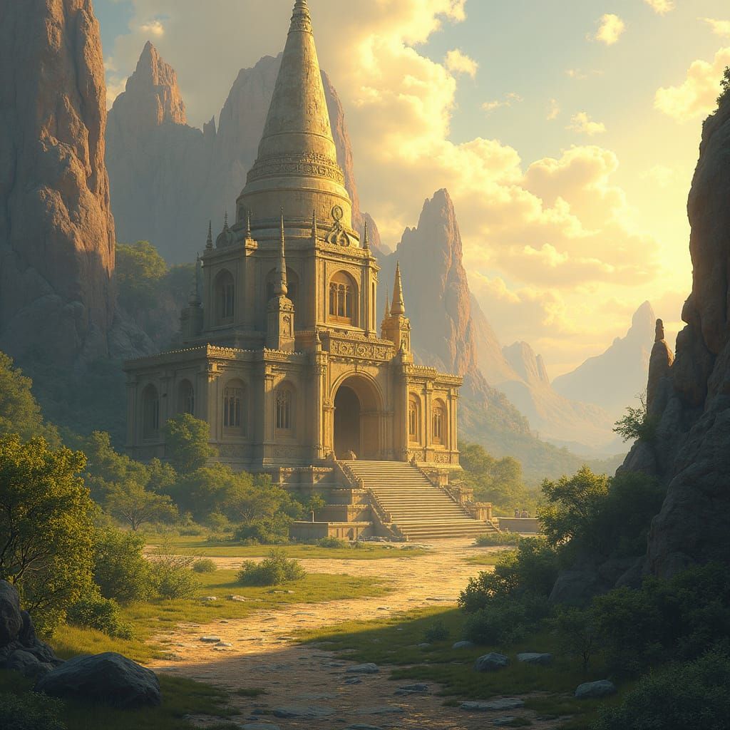 Serene Landscape: Ancient Alien Temple in Golden Light