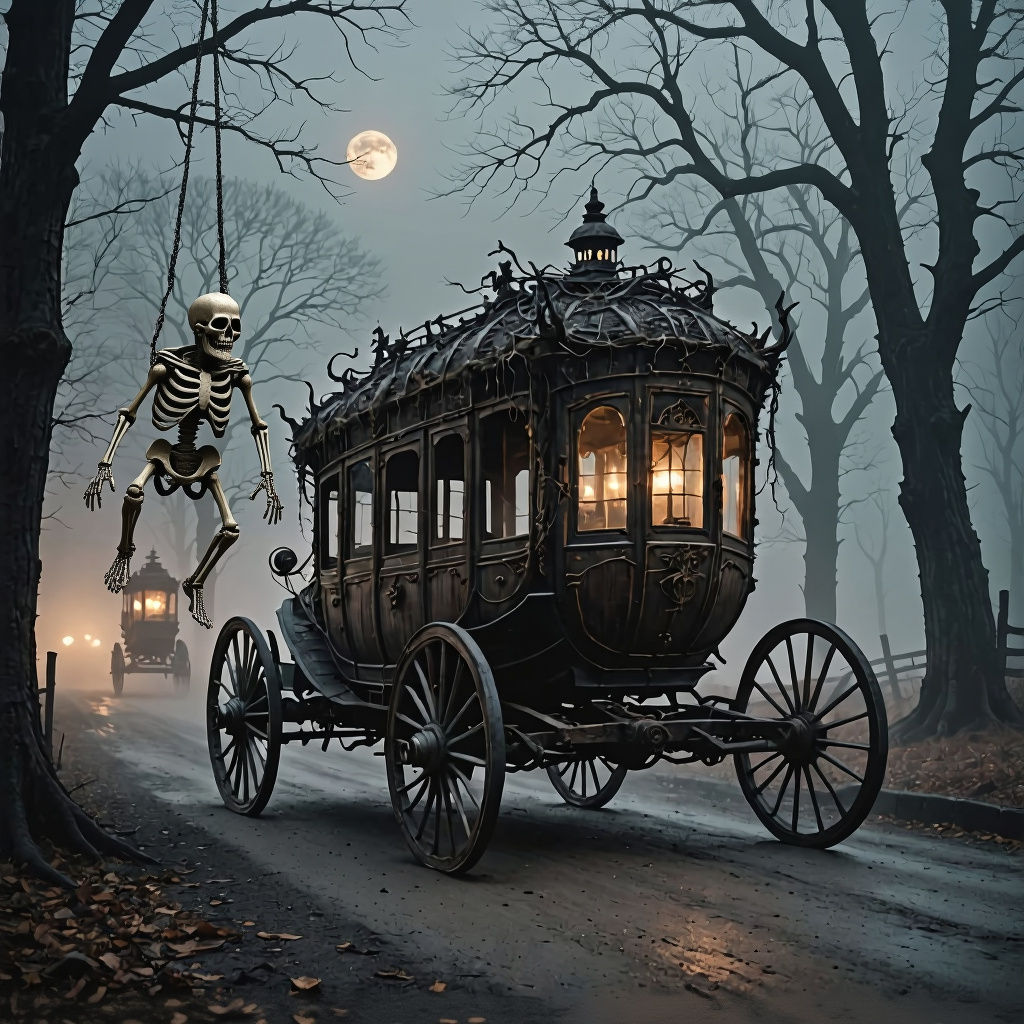 Sentient Carriage in Eerie Moonlit Mist
