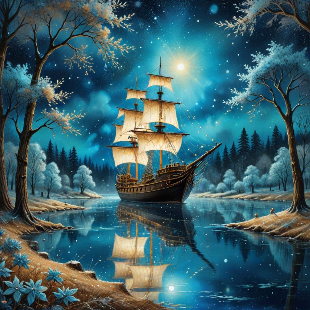 Winter Lake Ship Silhouette in Watercolor Ink Art