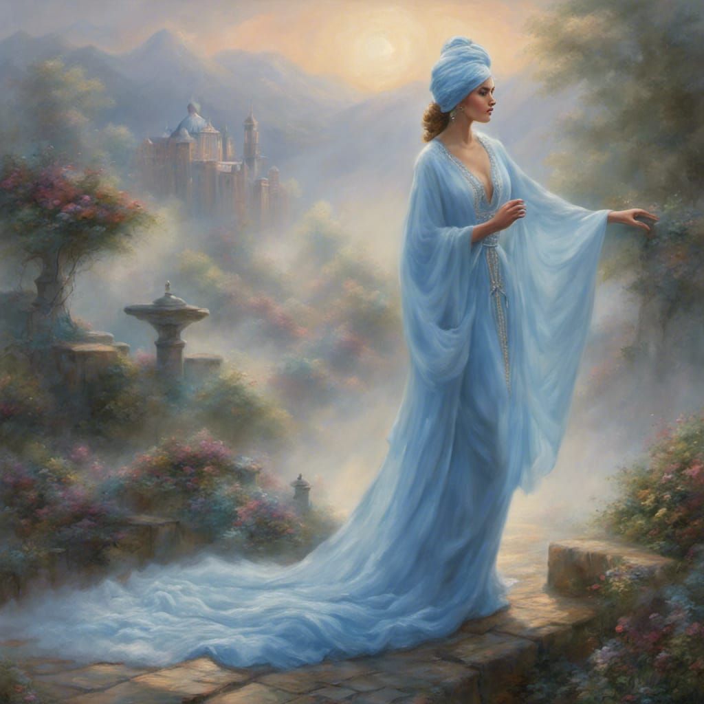 Woman in flowing blue robes and a turban