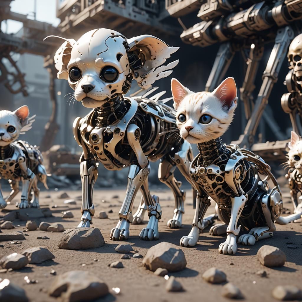 Adorable Angel Puppy and Kitten Skeletons in Sci-Fi Style