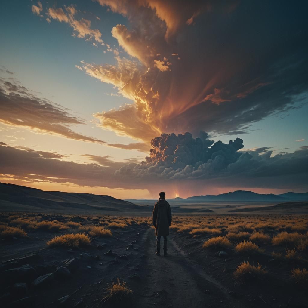 Dramatic Sunrise Over Dark Landscape: Cinematic Still