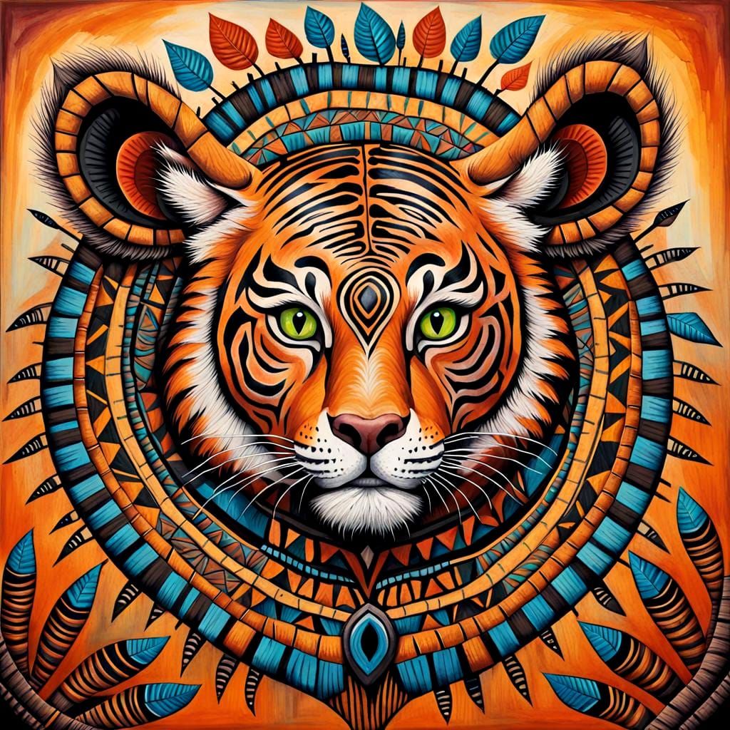 Happy Tiger in African Tribal Art Style