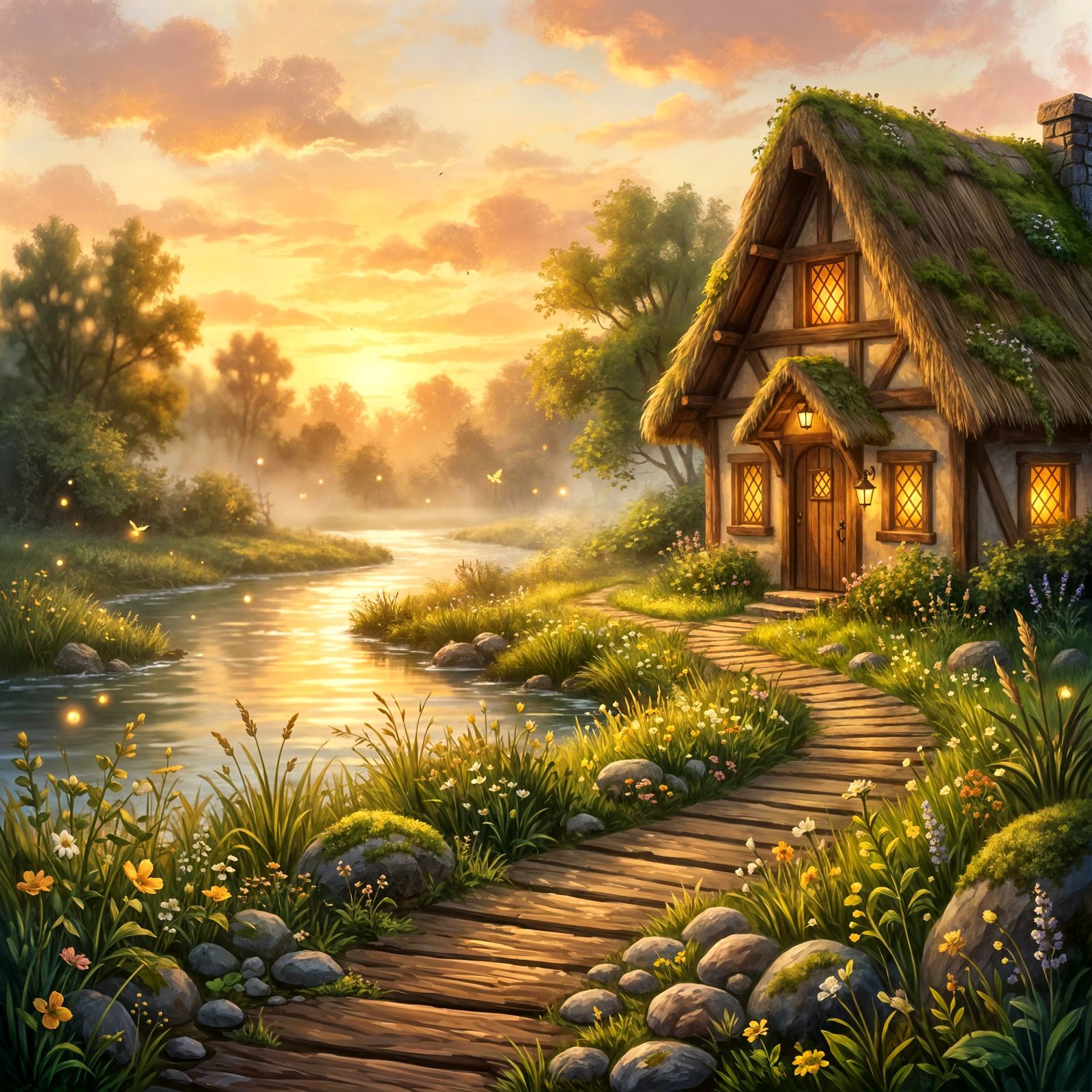 Cozy Fairytale Cottage by River at Sunset