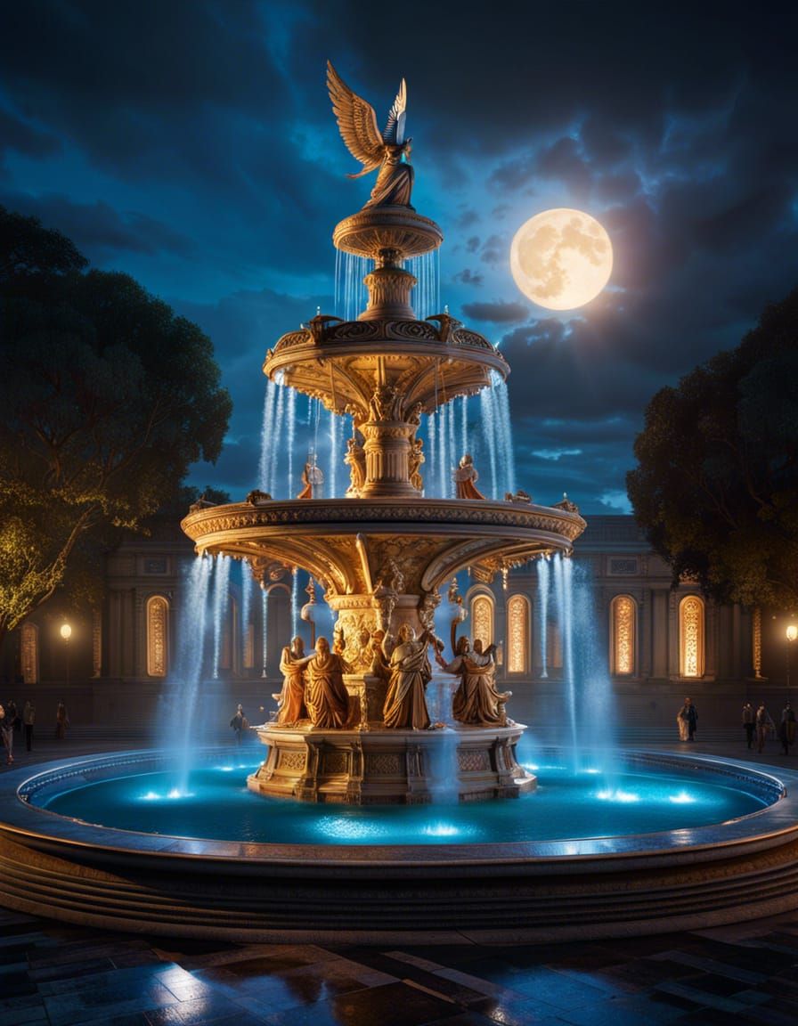 Hyperdetailed Roman Fountain of Gods in Moonlight