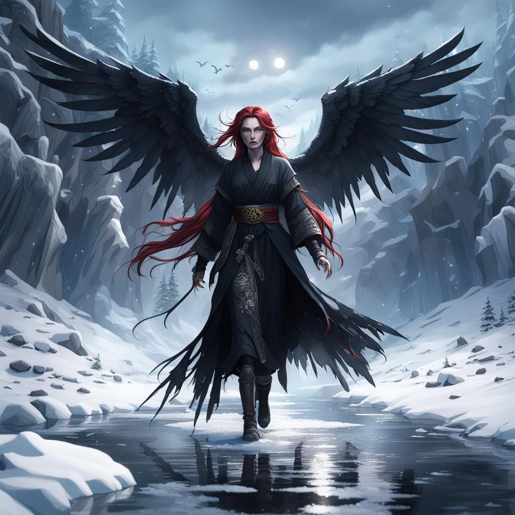 Gothic Black Winged Angel on Frozen River