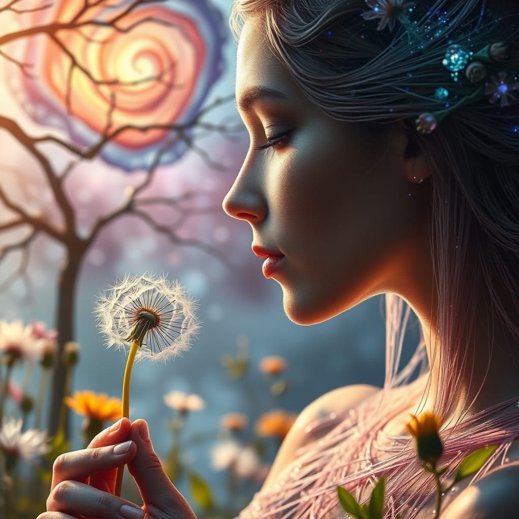 Surreal String Woman Kisses Garden in Dreamlike Bio-Art