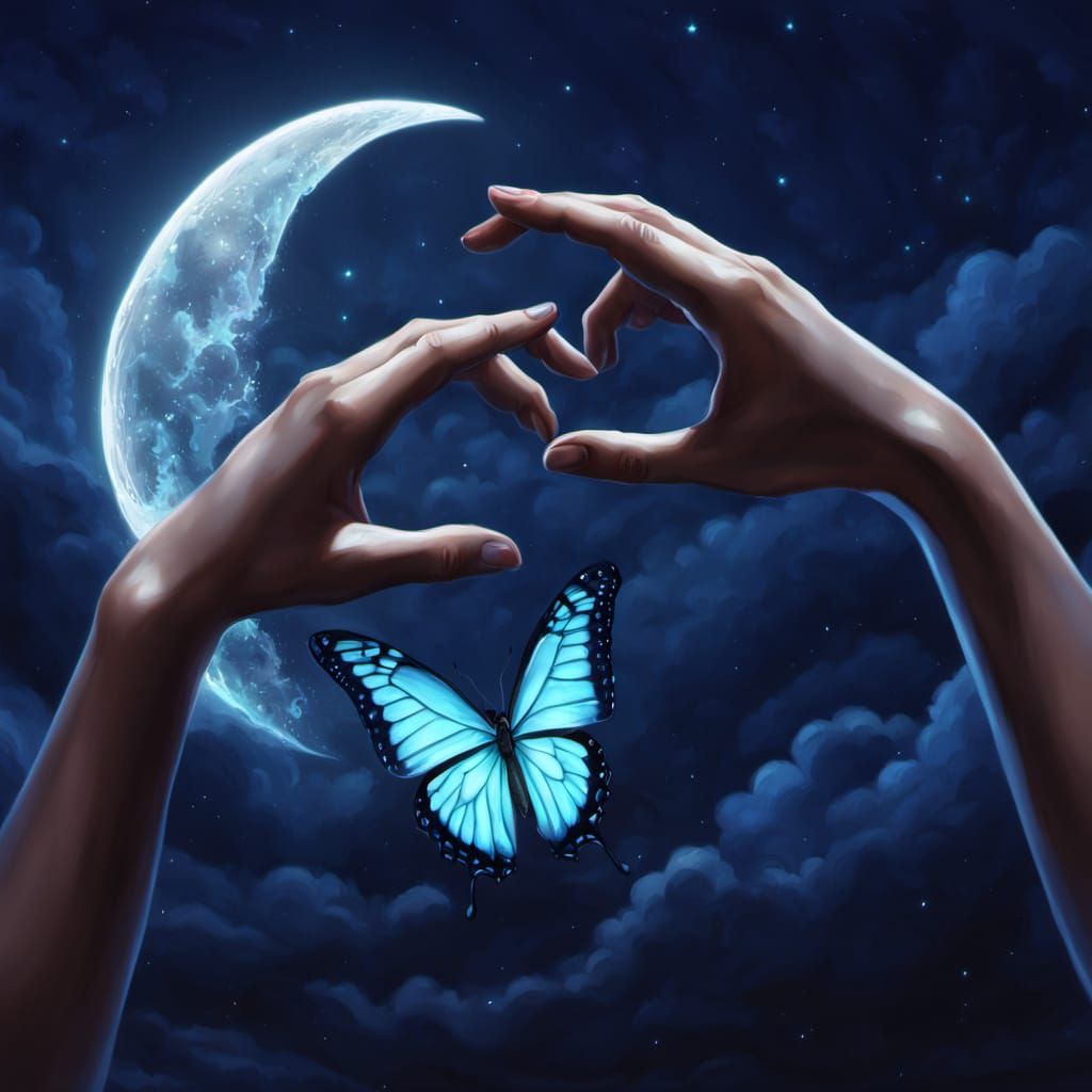 Surreal Hands Reach for Love Under Crescent Moon