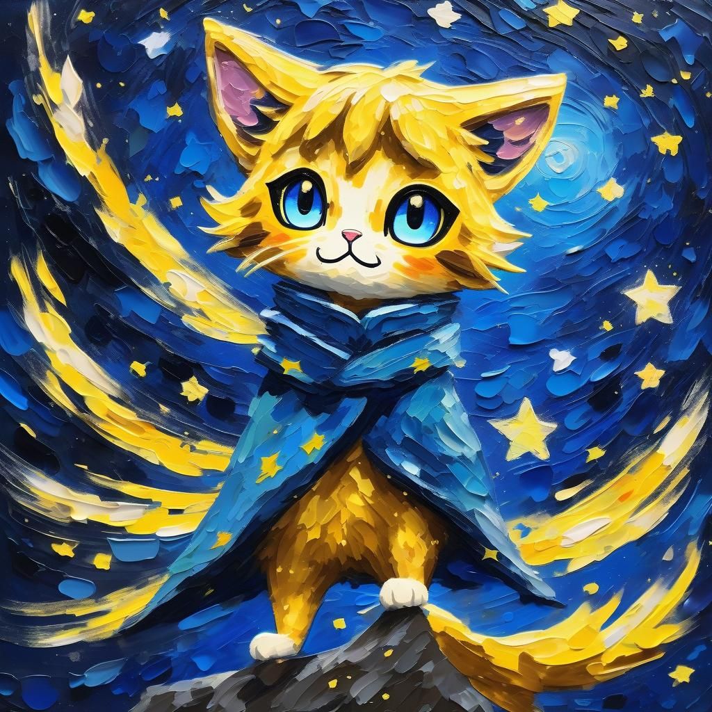 Anime Cat Girl with Wings in Starry Sky