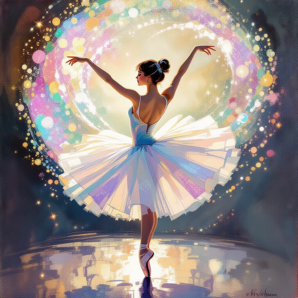 Ballerina in Iridescent Glitter Cloud, Gouache Painting