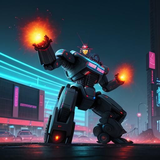 Robots Transforming in Neon-Noir City Square
