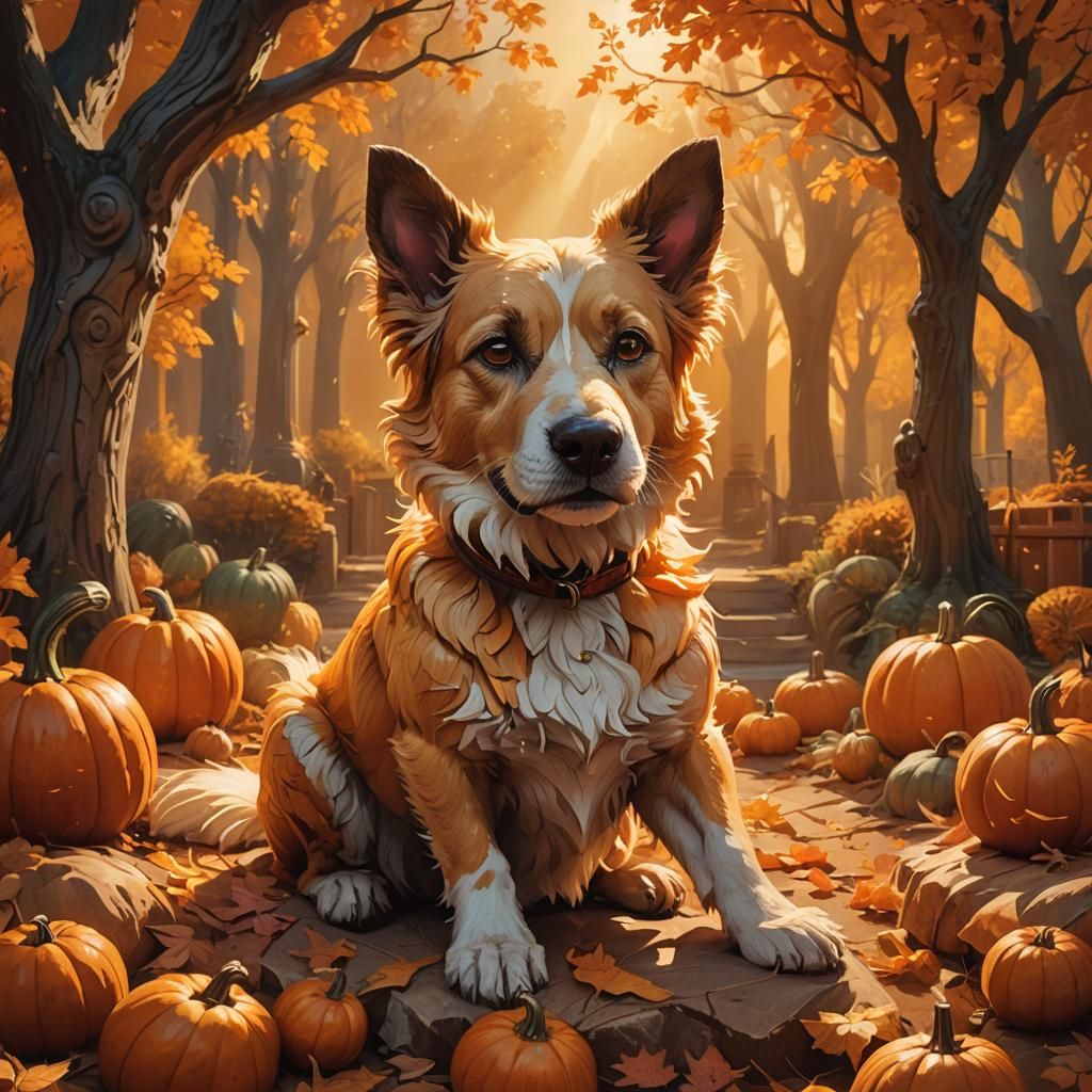 Dog Pops Out of Glowing Pumpkin in Autumn
