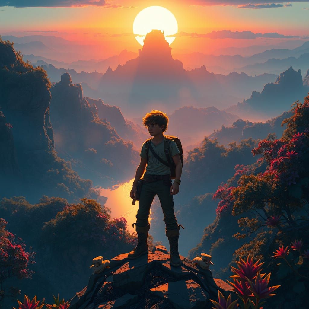 Heroic Young Adventurer in Mystical Realm at Sunset