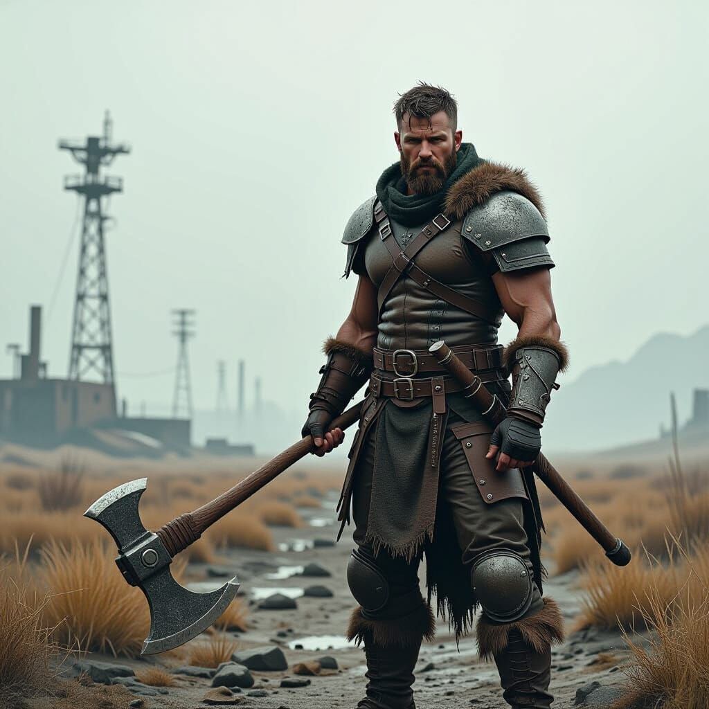 Post-Apocalyptic Warrior in Wasteland, Gritty Art Style