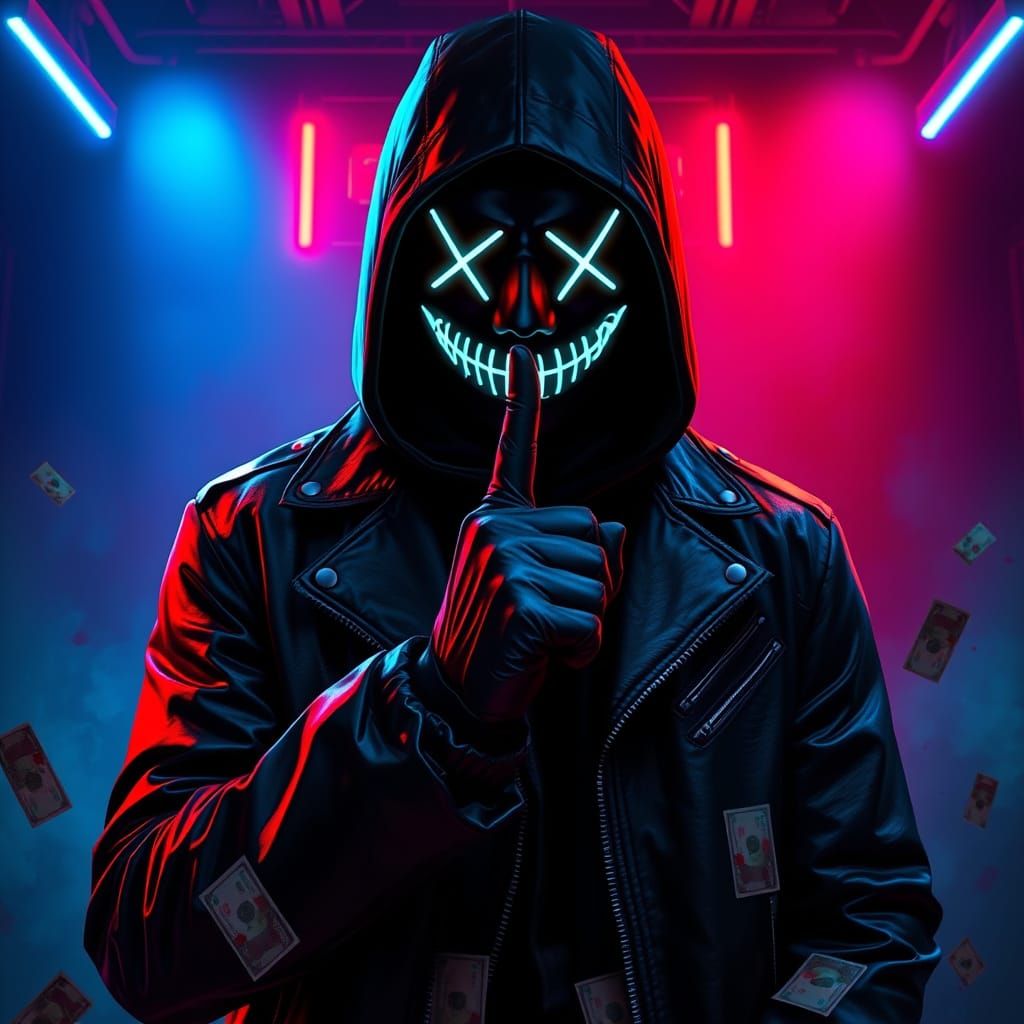 Mysterious Figure with Neon Mask in Moody Lighting
