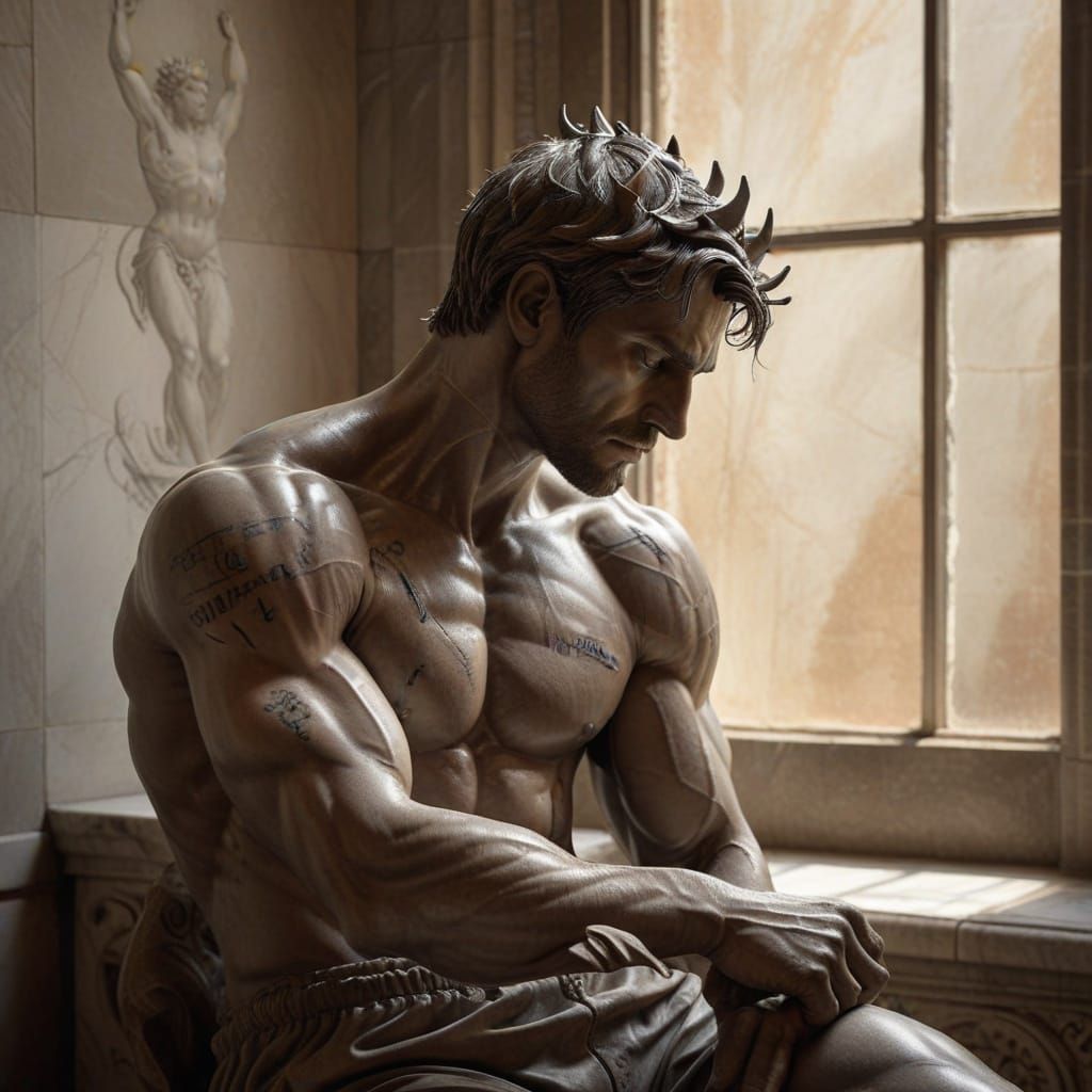 Renaissance Graphite Drawing of Contemplative Giant