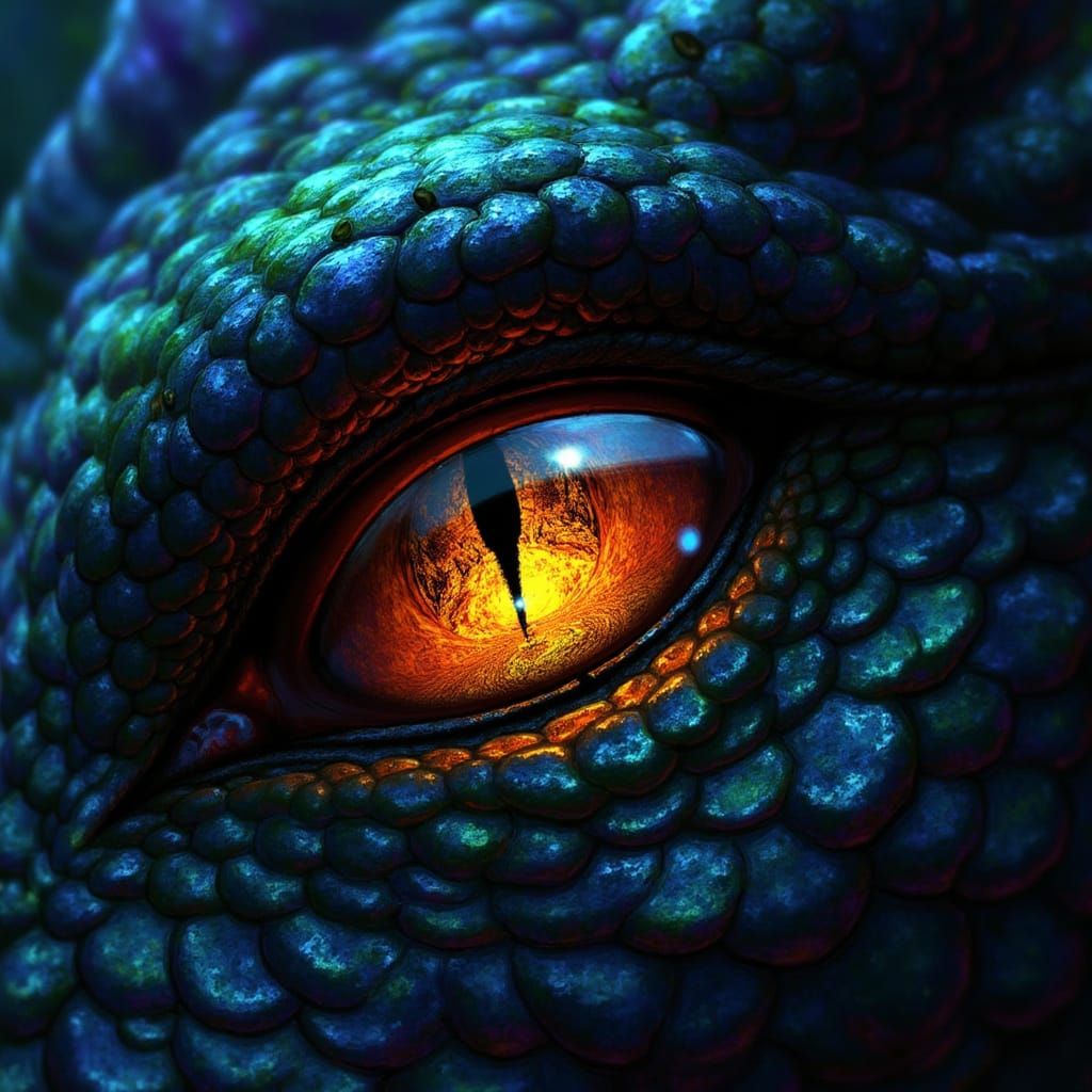 Hyperrealistic Dragon Eye Close-Up, Iridescent Scales