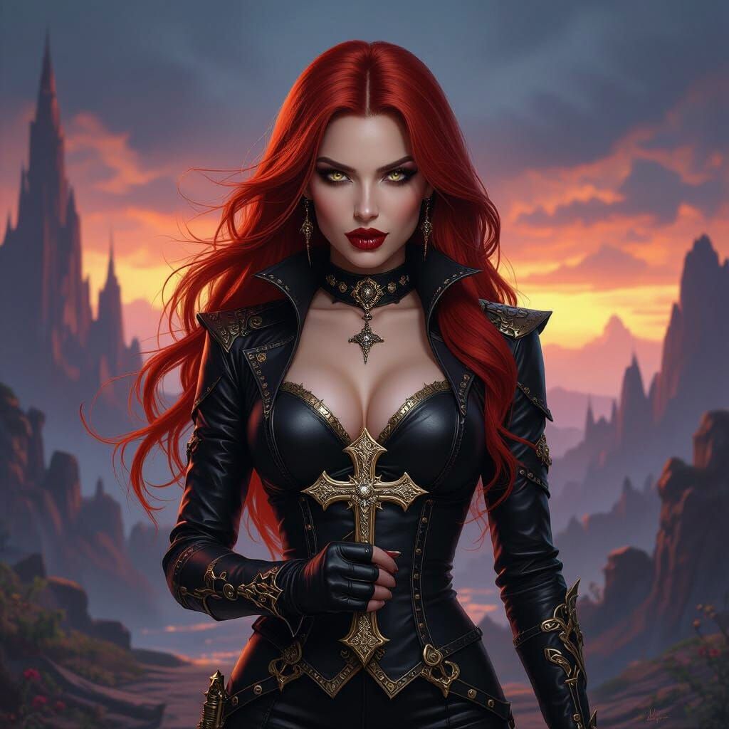 Vampire Woman with Red Hair and Silver Cross in Fantasy Land...
