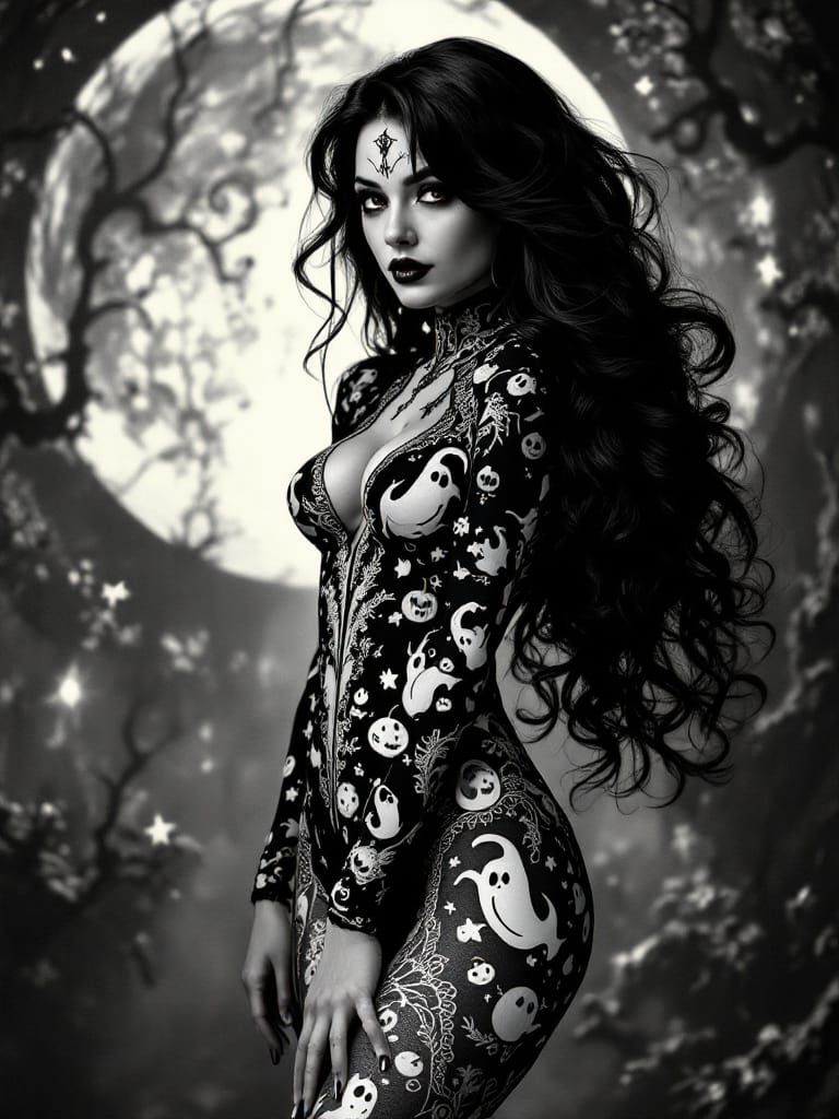Gothic Carnival Pinup Woman in Halloween Motifs