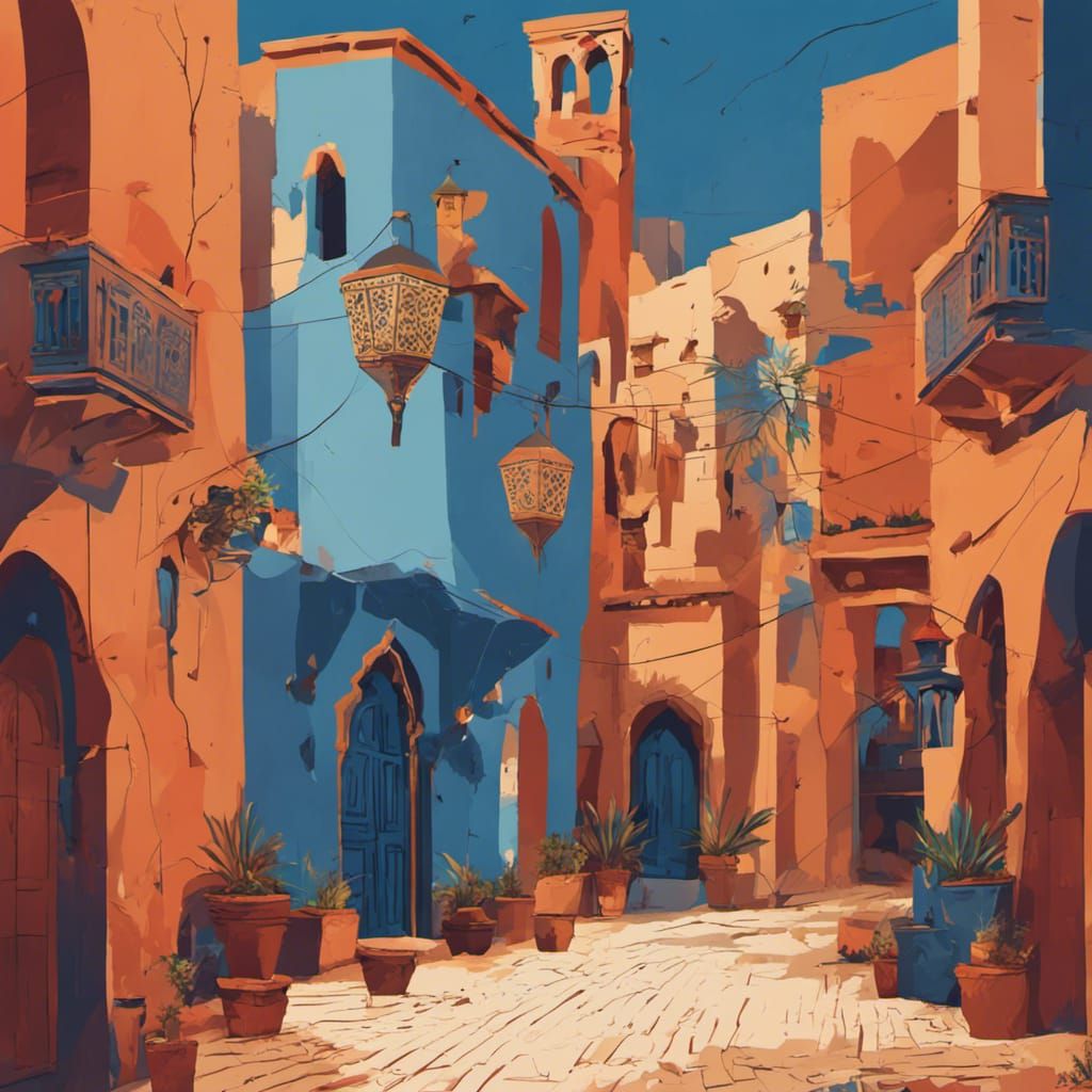 Morrocan streets,  blue, warm colors, digital illustration style, 4k