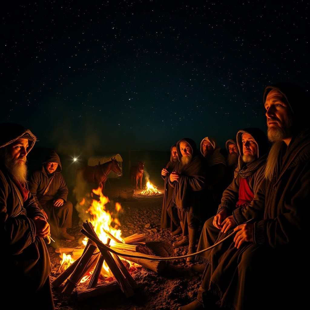 Medieval Nomads Under Starry Skies in a Cinematic Landscape