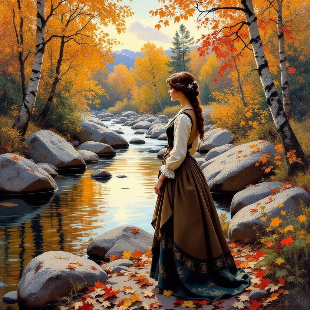 Woman by River in Autumn Landscape Painting