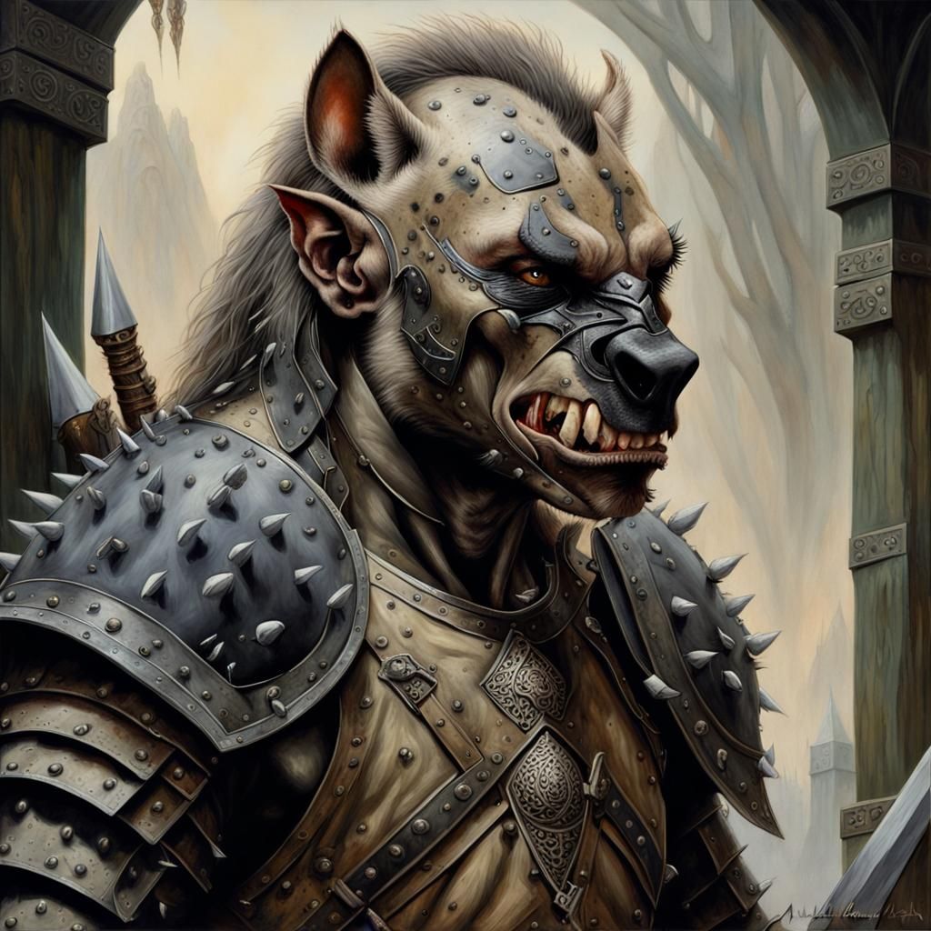 Orc warrior clad in perfect orcish Black steel armor decorated with Hyena Hides