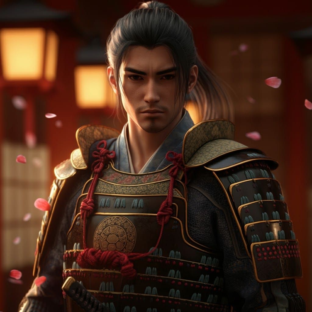 Samurai in Temple with Falling Cherry Blossoms