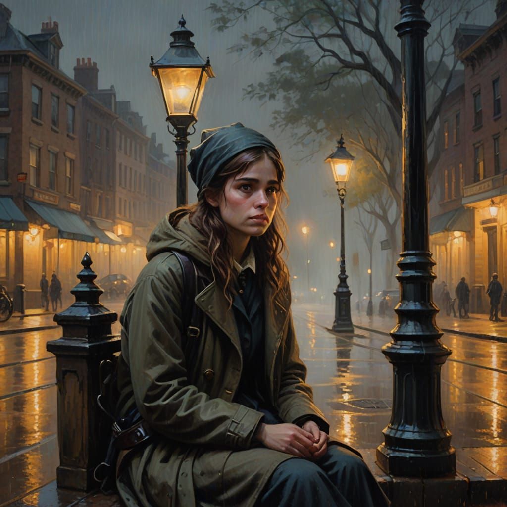 Impressionist Girl at Victorian Streetlight in Rain