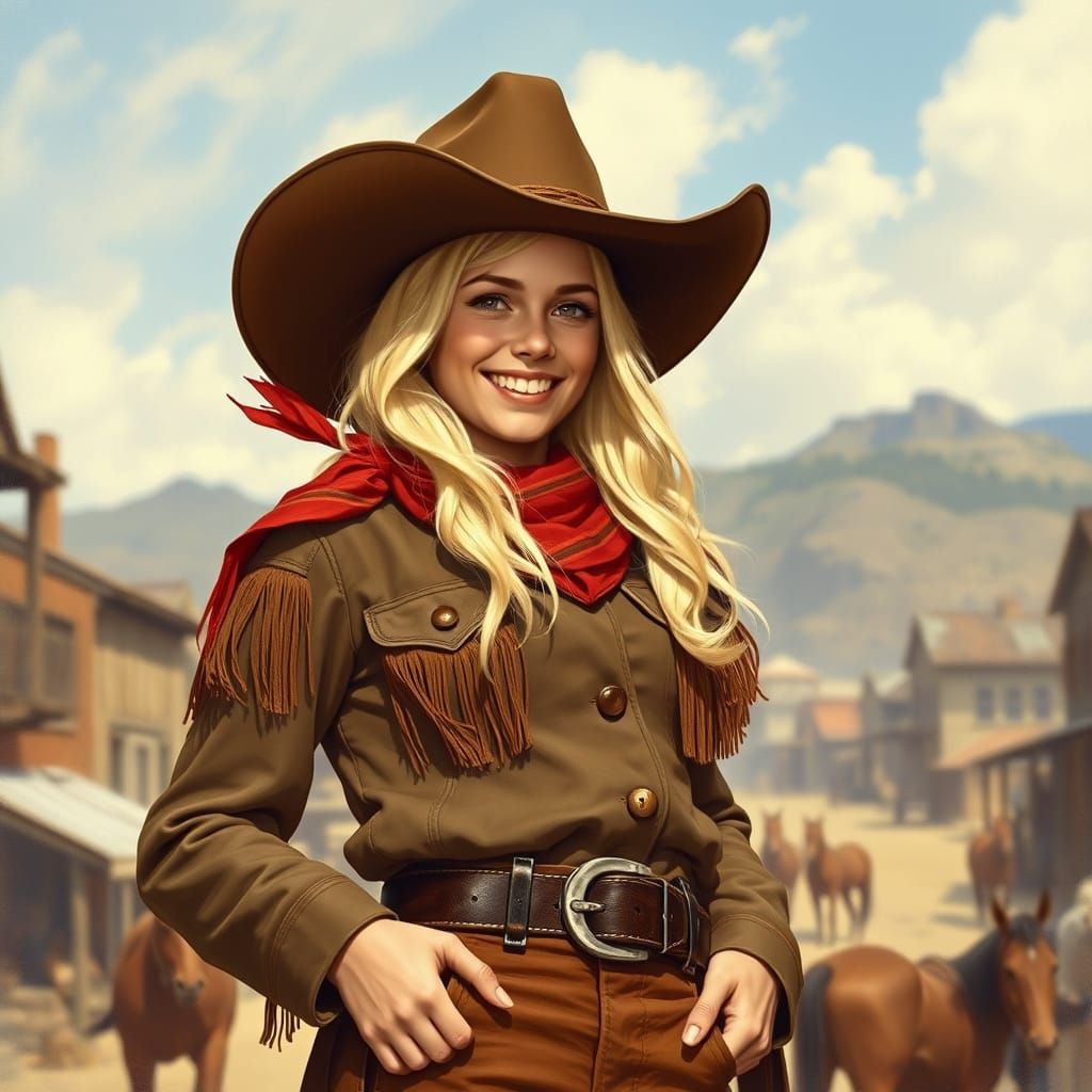 Smiling Cowgirl in Western Town Inspired by Remington