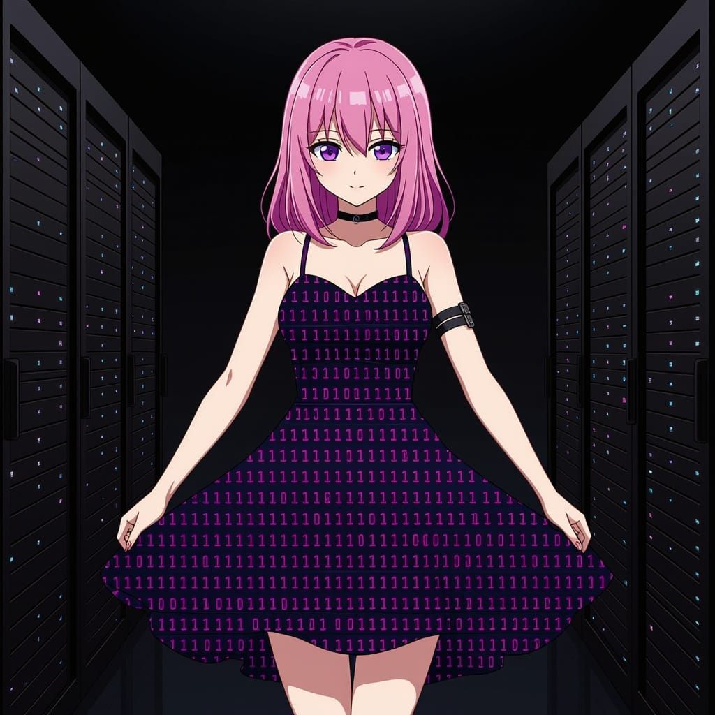 Woman in Binary Code Dress, Anime Style