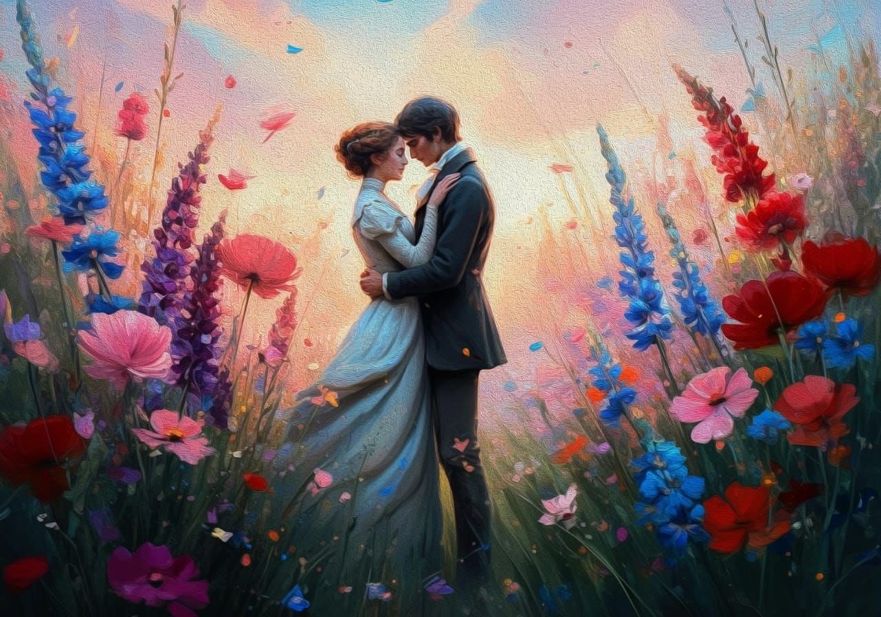 Romantic Impressionist Floral Scene with Victorian Couple