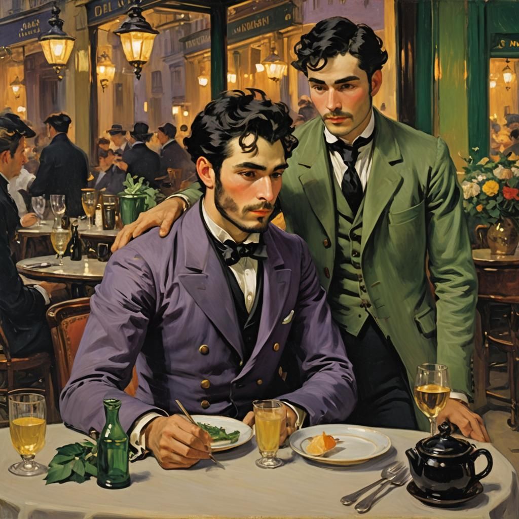 Victorian Gay Couple in Parisian Cafe, Impressionism