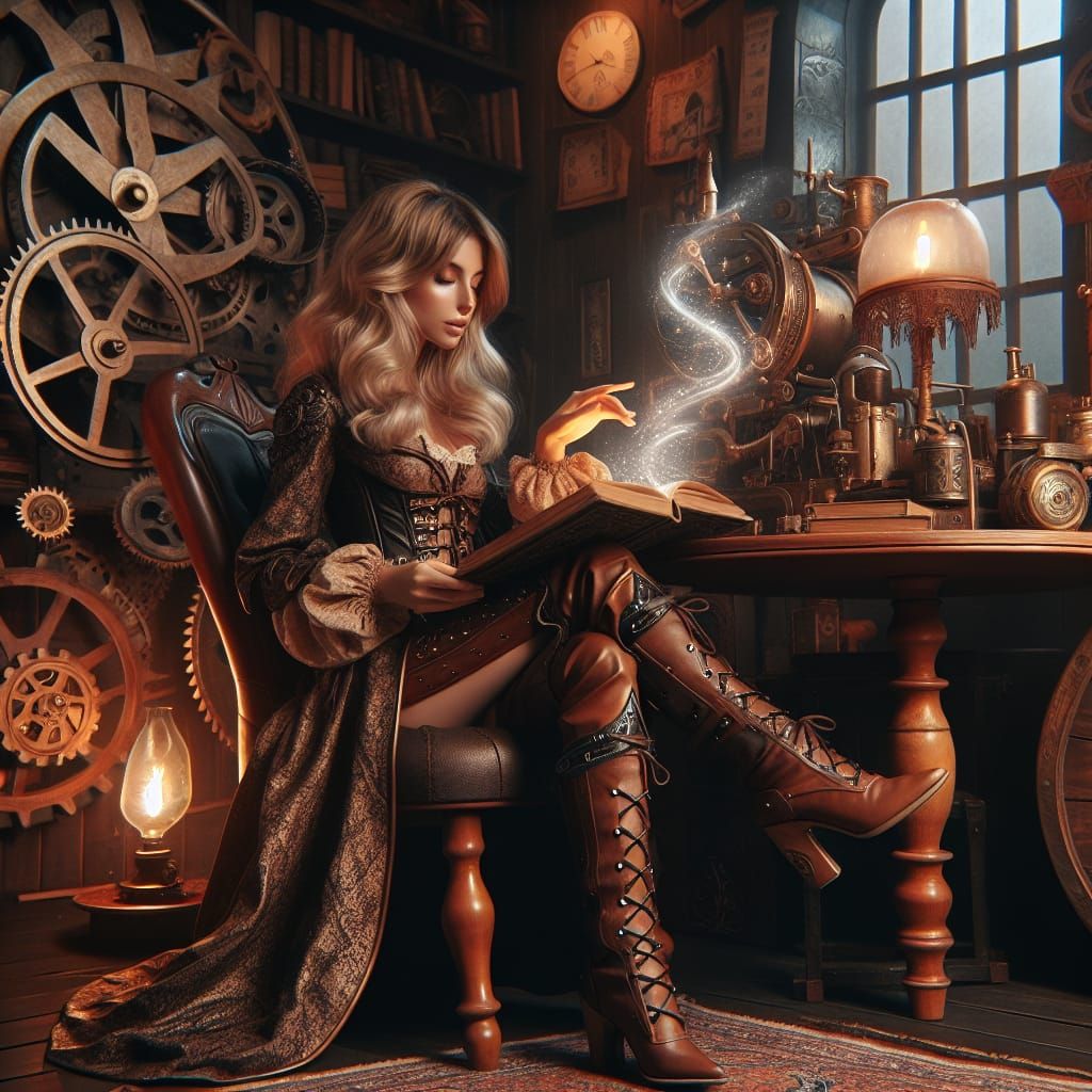 Steampunk Mage Reading a Spellbook