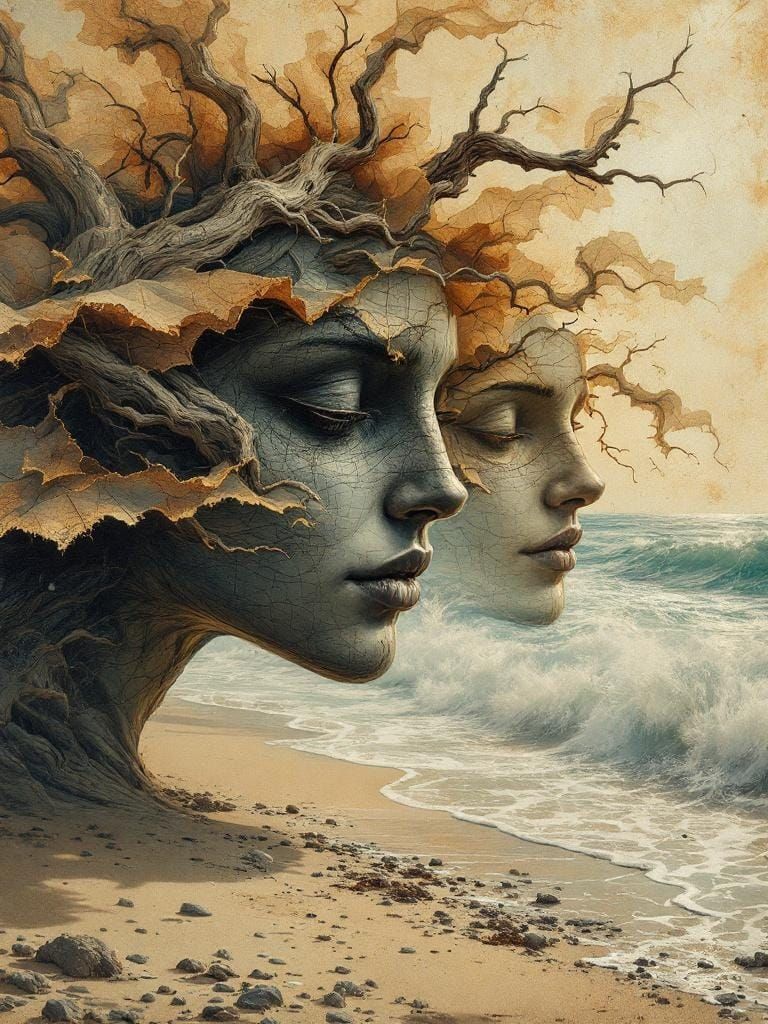 Driftwood Curling Eroded Olde-World Map, Charred and Rusty