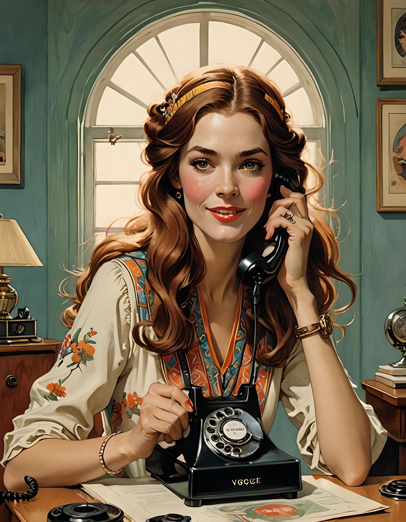 Hippie Woman on Rotary Phone: Vintage Magazine Illustration