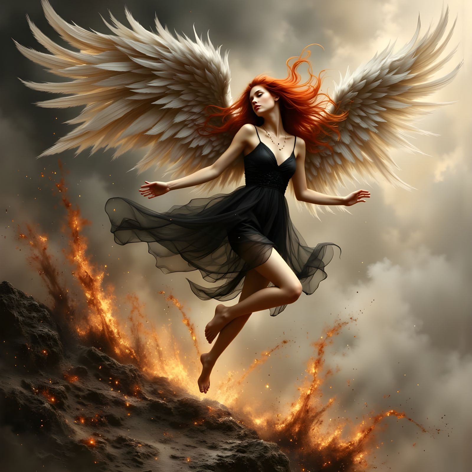 Beautiful Angel Leaping from Ground in Dramatic Tempest