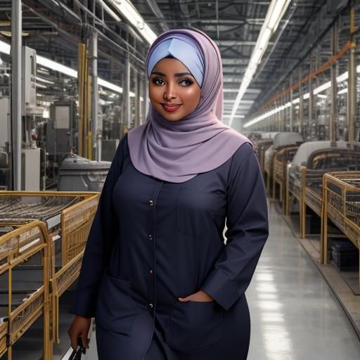 Elegant Hijabi Factory Worker in Ultraviolet Light