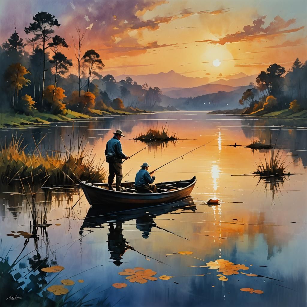 Old man fishing on a boat in a sunset lake by Thomas Wells S...