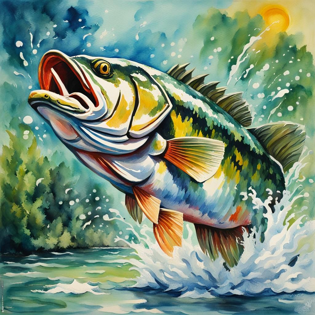 Bass Leaping from Water in Gouache Style