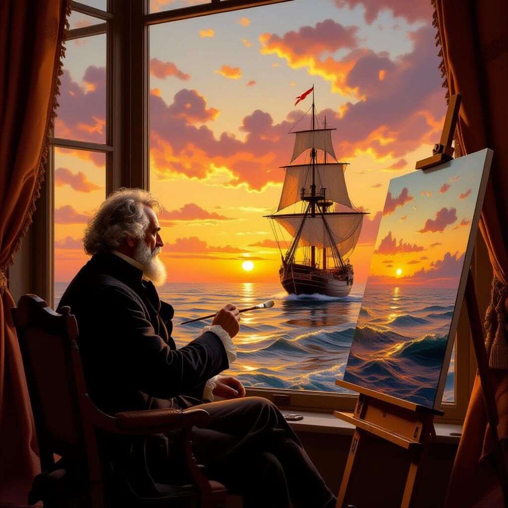 Artist Captures Sunset Seascape in Romantic Style