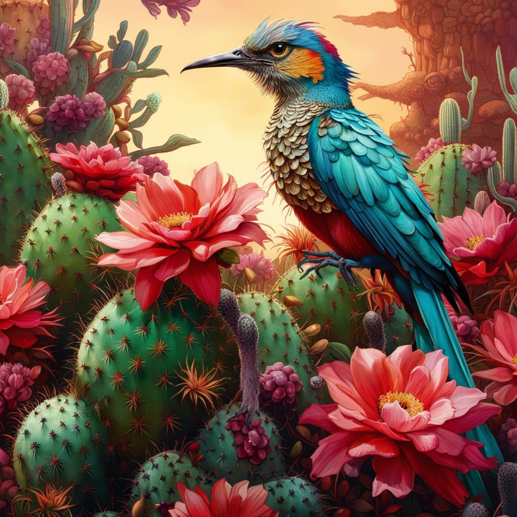 Colorful Bird Feeds on Cactus Flower in Fantasycore Art