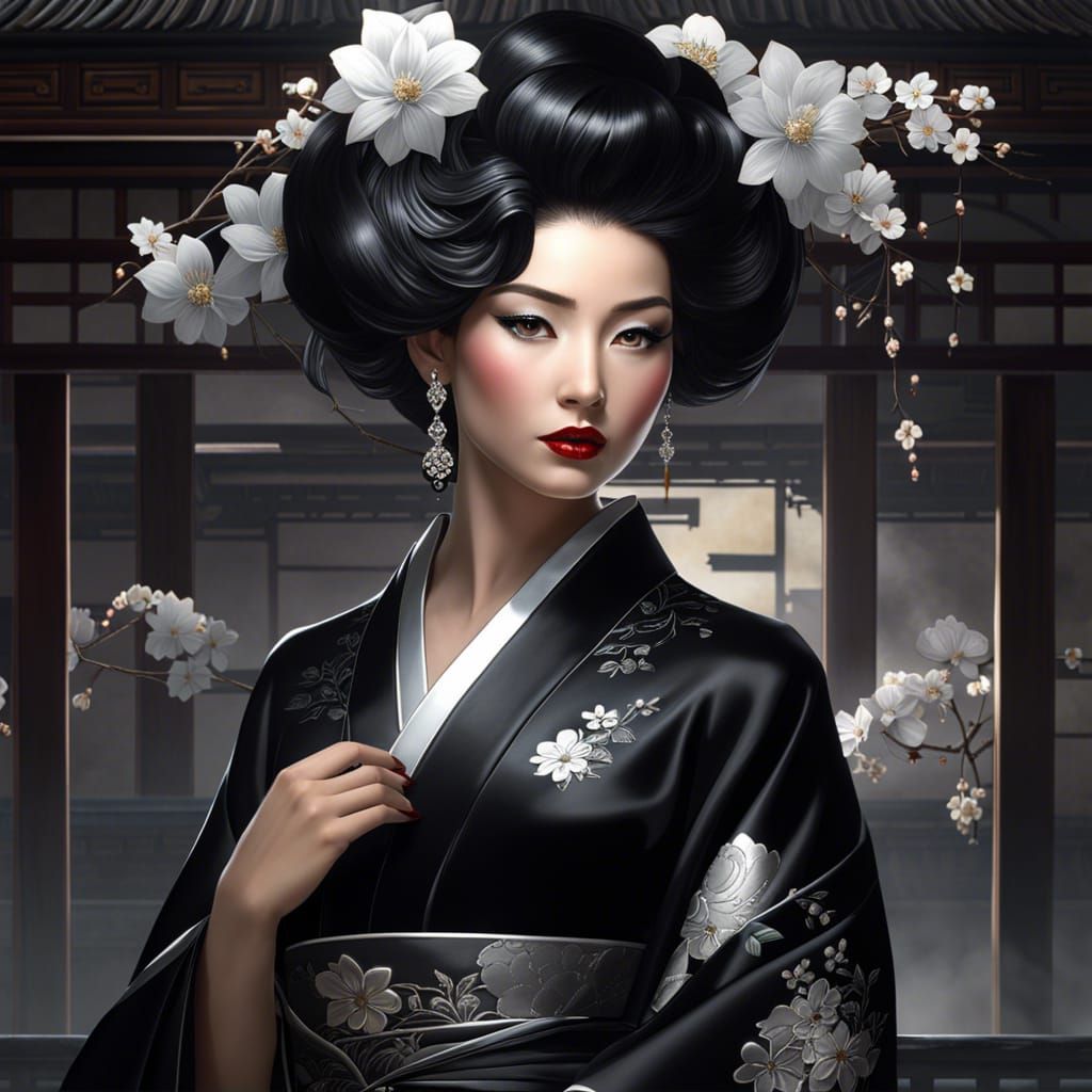 Japanese Pin-Up in Kimono, Dark Fantasy Art